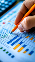 A hand holds an orange pencil above a colorful chart filled with various graphs and data, indicating analysis or planning.