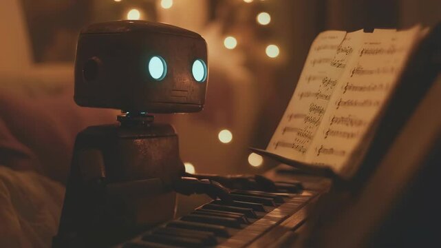 Robot studying music notes at piano in evening light. Artificial intelligence learning scene. Future education concept. Warm mood footage
