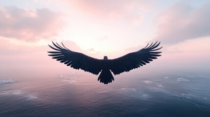Obraz premium Eagle Soaring Above the Ocean at Sunset