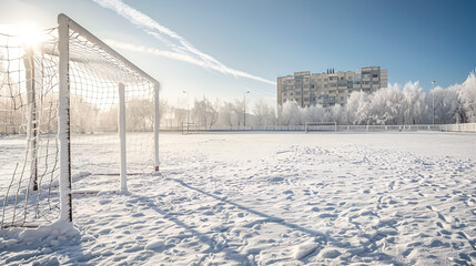 Empty snow-covered soccer field in the city goalposts frosted and still urban winter tranquility copy space