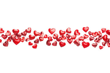 A vibrant arrangement of paper hearts in shades of red, pink, and peach on a white background, symbolizing love and celebration.

