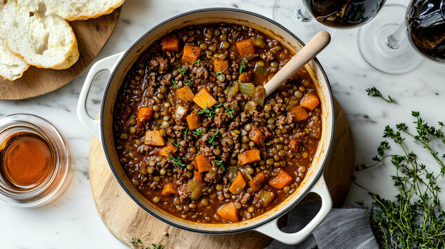 A hearty vegetarian autumn stew with squash, lentils, carrots, and celery, seasoned with cumin and paprika for added warmth.