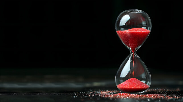 Red sand passing in hourglass, countdown running time, deadline isolated on empty black background