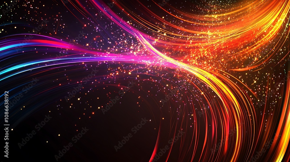 Wall mural abstract background with swirling colorful light streaks and glowing particles.