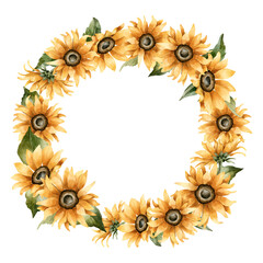 Sunflowers Wreath. Autumn yellow garden flowers. Watercolor hand drawn floral illustration isolated on white background
