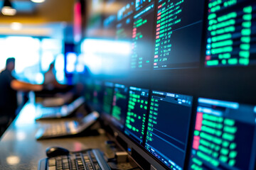 Fototapeta premium A modern trading room with multiple screens displaying data, suggesting an active financial environment focused on stock or cryptocurrency analysis.