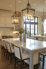 Minimalist kitchen with a contemporary design, featuring a marble island and dining set.