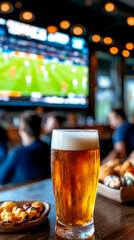 A refreshing glass of beer sits on a table in a lively bar, with a sports game playing on a large screen and snacks nearby.