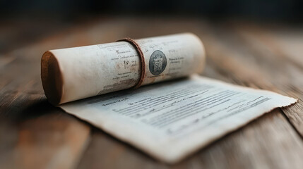 A vintage scroll document lies atop a parchment, showcasing intricate details and an aged appearance, set against a rustic wooden background.