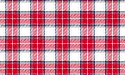 Plaid fabric pattern, white, red, blue, modern seamless distinctive for textiles, and for designing clothes, skirts, pants or decorative fabrics. Vector illustration.