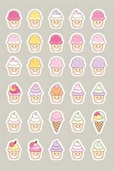 Adorable Collection of Kawaii Cupcakes and Ice Cream Cones: A Delightful Set of Sweet Treats Stickers, Perfect for Planners, Journals, and Scrapbooking Projects