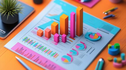A colorful data visualization featuring bar and pie charts, showcasing statistical analysis with a vibrant design.