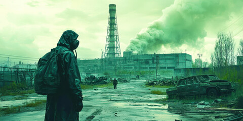Fototapeta premium A man in a hazmat suit stands in front of a large industrial plant
