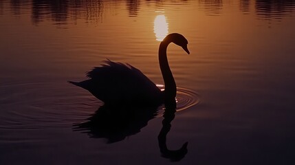 Fototapeta premium A swan silhouetted against the setting sun, its reflection visible in the water.