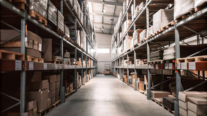Fototapeta premium A warehouse with shelves filled with goods in cardboard boxes, demonstrating good organization of space