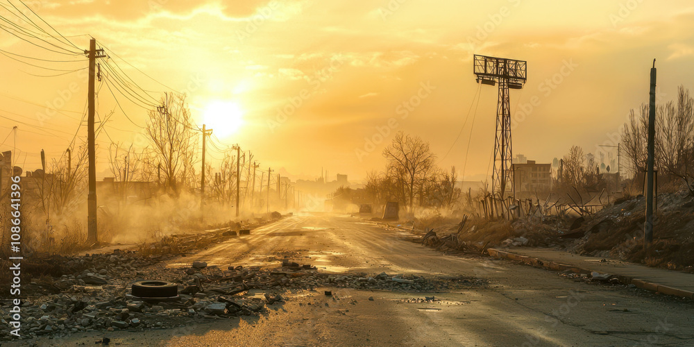 Poster a desolate road with a power pole in the middle