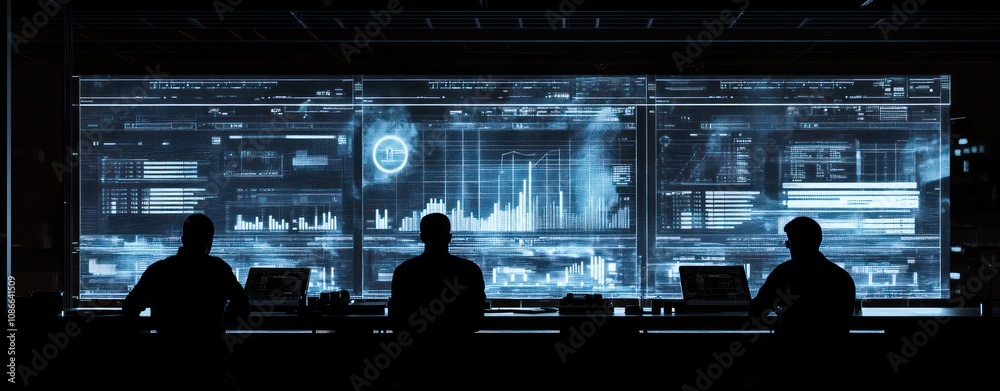 Aufkleber a high-tech control room with data displays and silhouettes of operators.