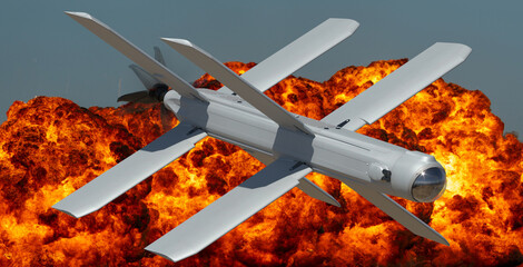 Military strike drone over battlefield