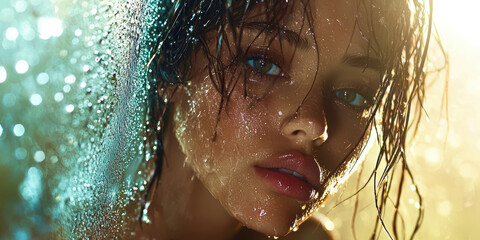 A woman with wet hair and a blue eye