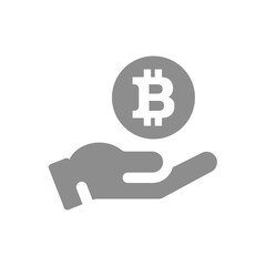 Bitcoin and hand vector icon. Cryptocurrency black symbol.