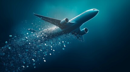 Fototapeta premium Airplane Ascending Through Digital Clouds: A Visual Metaphor for Technology, Flight, and Innovation in the Modern World, Representing Data and Connectivity