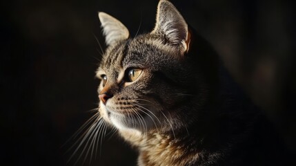 Fototapeta premium A tabby cat with green eyes sits and looks to the side against a dark background.