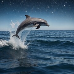 Fototapeta premium A dolphin leaping through waves covered in sparkling stars.