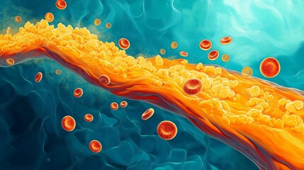 Abstract Representation of Blood Cells and Lipids Flowing in a Vascular Environment with Bright Colors and Modern Artistic Style