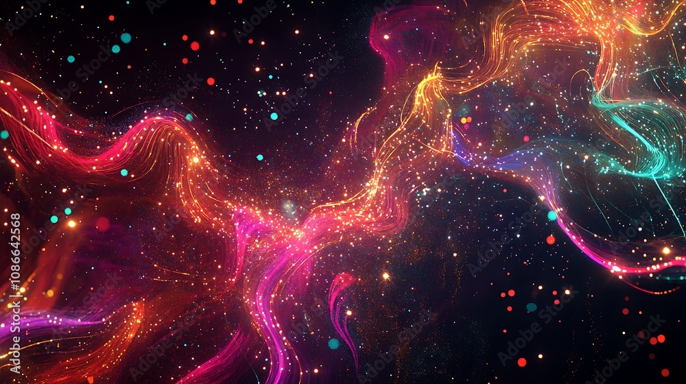 Wall mural abstract cosmic background with glowing particles and colorful lines.