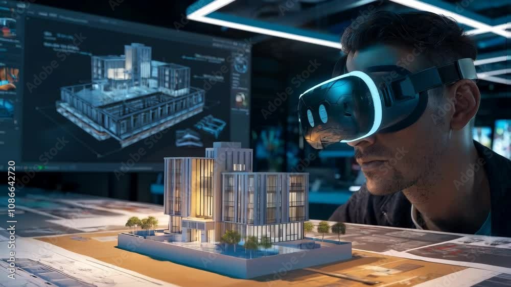 Poster a person using virtual reality technology to interact with a 3d model of a spacecraft.