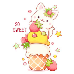 Season card in kawaii style. Cute cat with strawberry and cupcake. Little kitty and cake with whipped cream. Inscription So sweet. Can be used for t-shirt print, sticker, greeting card. Vector EPS8
