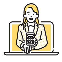 シンプル　イラスト　オンライン見積もりの女性と電卓