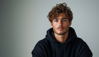 Fototapeta premium A young handsome man model posing in a black hoodie against an isolated background.