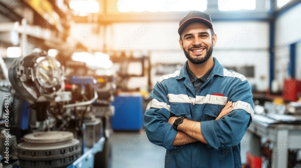 Aufkleber a smiling mechanic in a workshop, showcasing a positive work environment.
