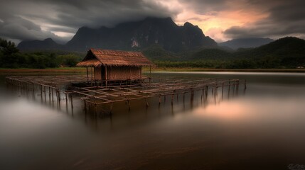Fototapeta premium A bamboo house in a tranquil rice paddy at sunset with stunning scenery 