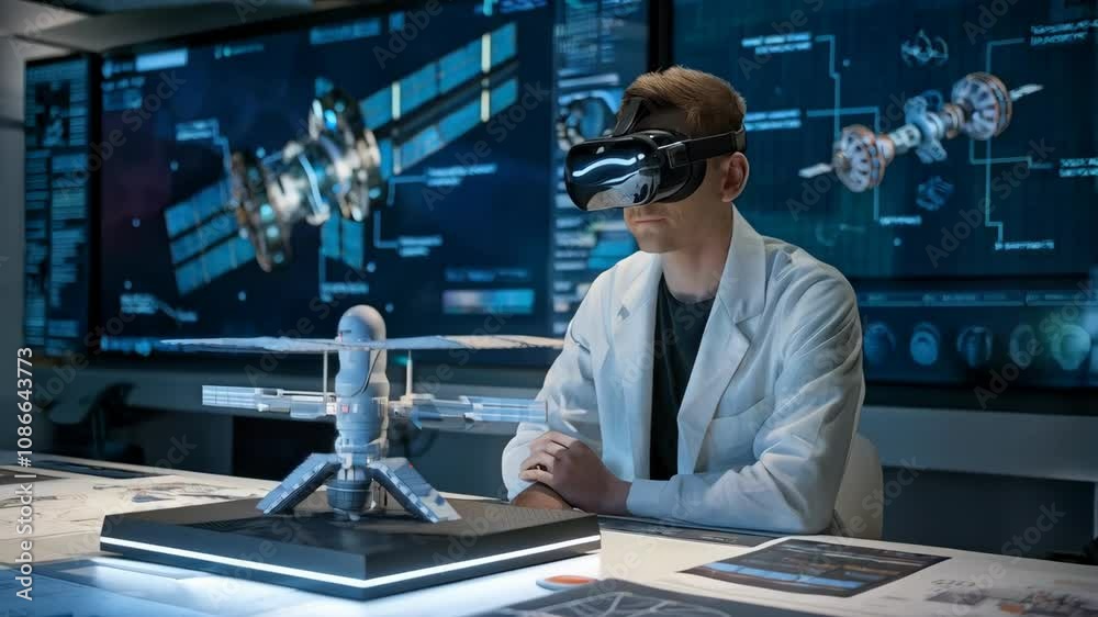 Poster a person using vr technology to design a building model with digital blueprints displayed.