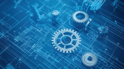 industrial pattern machinery blueprint. A futuristic digital background featuring metallic gears, representing engineering, technology, and innovation in a blue-toned design.