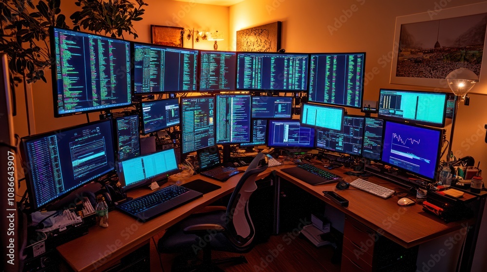 Fototapete A high-tech workspace with multiple monitors displaying data and analytics.