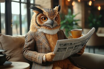 Morning Coffee Ritual. Owl dressed in stylish plaid suit reading newspaper indoors, cozy cafe setting, morning routine, business concept, autumn colors, warm lighting, intelligent animal, casual rela