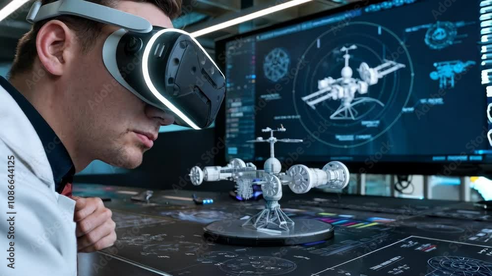 Poster a person using virtual reality to interact with a 3d architectural model.