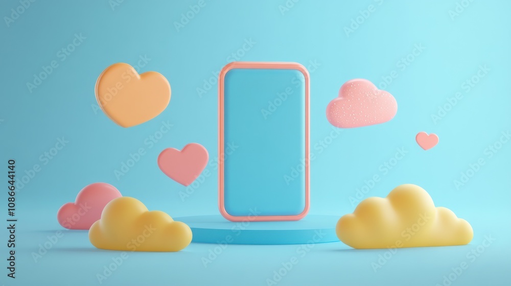 Poster a colorful 3d display featuring a phone surrounded by hearts and clouds.