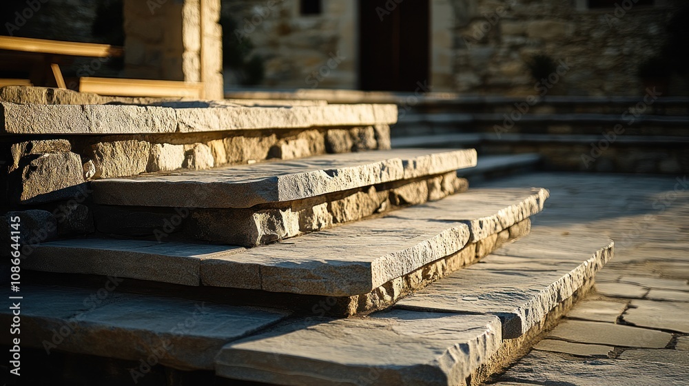 Poster a close-up of stone steps leading to a rustic building, showcasing craftsmanship and design.