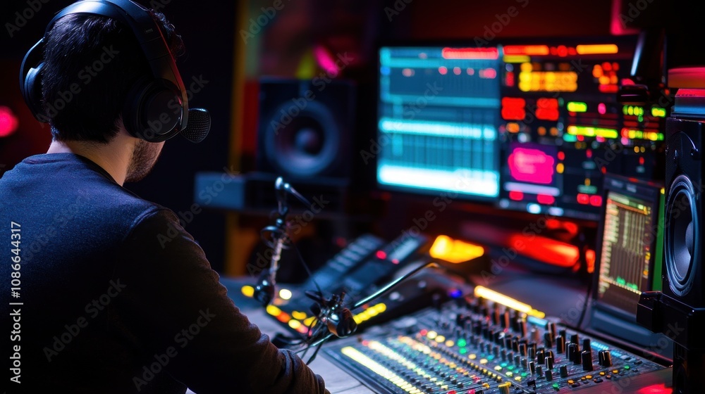 Aufkleber A person working at a sound mixing console with multiple screens and audio equipment.
