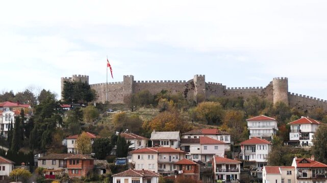 Majestic view of Samoil's Fortress, a historic fortification overlooking the picturesque town of Ohrid, North Macedonia.