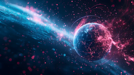 Science and technology abstract graphic background and texture, sphere planet circle, blue and pink tones, on dark background