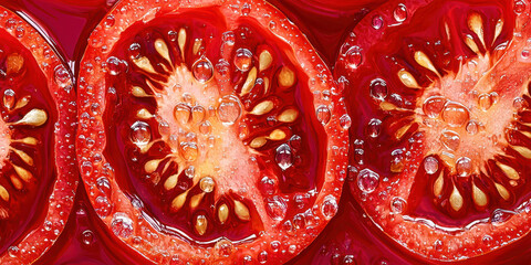 A close up of a tomato slice with a lot of water droplets on it