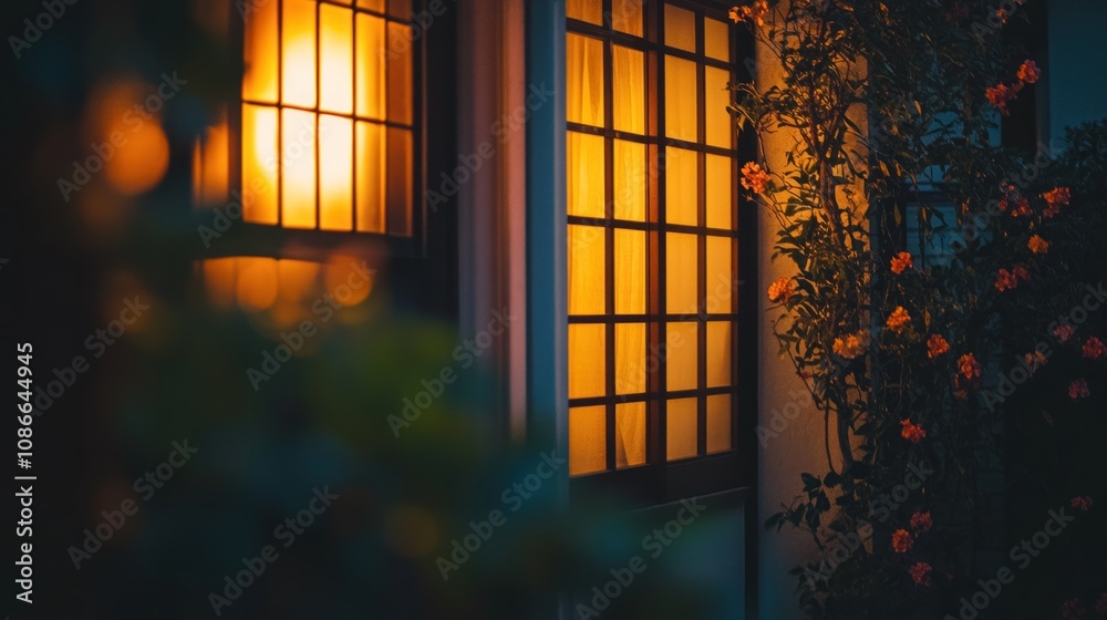 Poster a warm glow emanates from a window surrounded by blooming flowers at twilight.