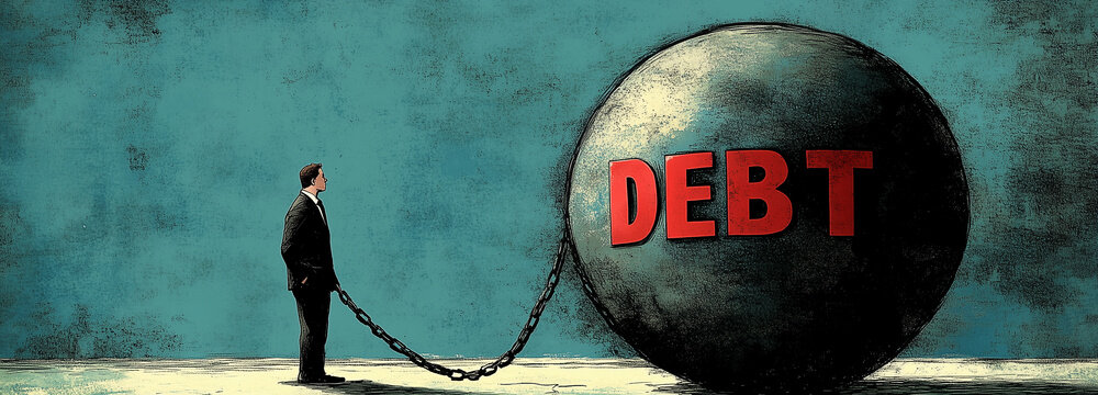 Abstract illustration depicting the heavy burden of debt in modern society highlighting social issues faced today. Generative AI