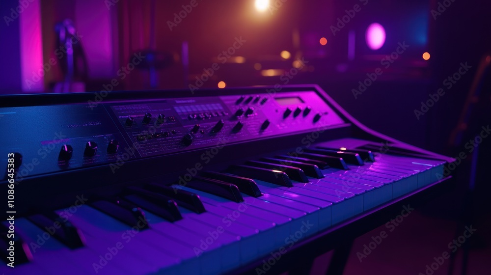 Poster A close-up of a synthesizer keyboard with colorful lighting in a music studio.
