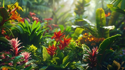 Image of Tropical rainforest scene with exotic plants and colorful flowers printed on Printed Glass Splashbacks